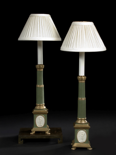 Appraisal: Small Pair of French Parcel-Gilt and Green-Painted Biscuit Porcelain Candlesticks