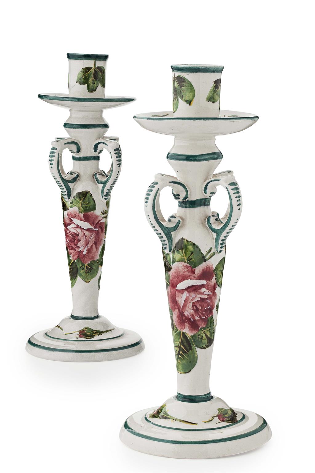 Appraisal: WEMYSS WARE A PAIR OF 'CABBAGE ROSES' TALL KINTORE CANDLESTICKS