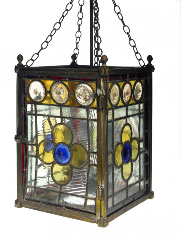 Appraisal: A VICTORIAN BRASS HALL LANTERN of square shape with leaded