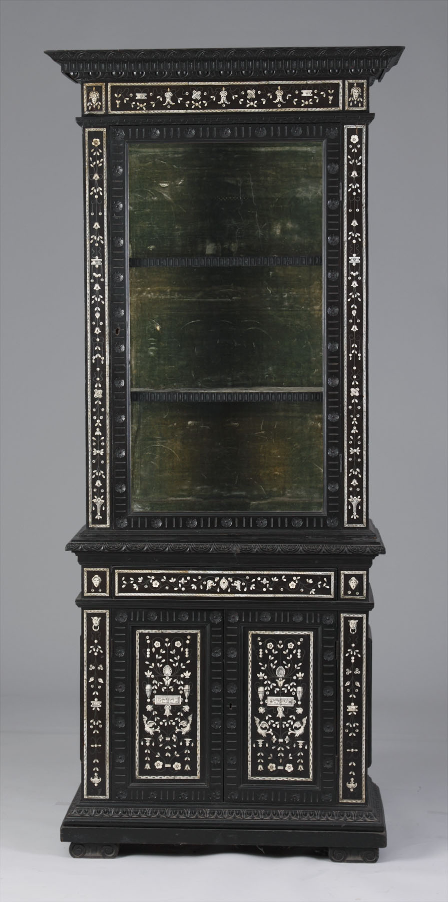 Appraisal: Ebonized Ivory Inlaid Italian Flat-front Cabinet th cent shelves lower