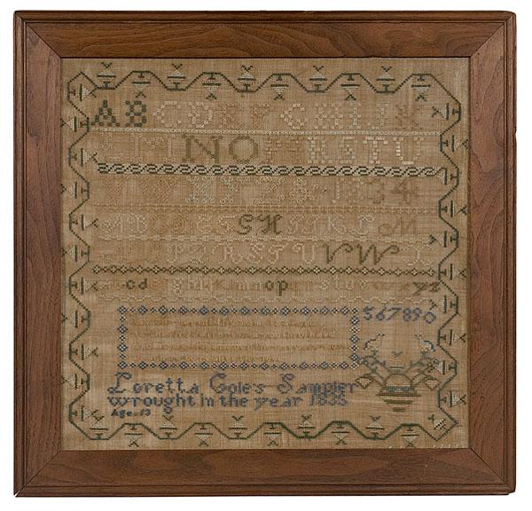 Appraisal: LORETTA COLE'S SAMPLER American silk on linen alphabet and number