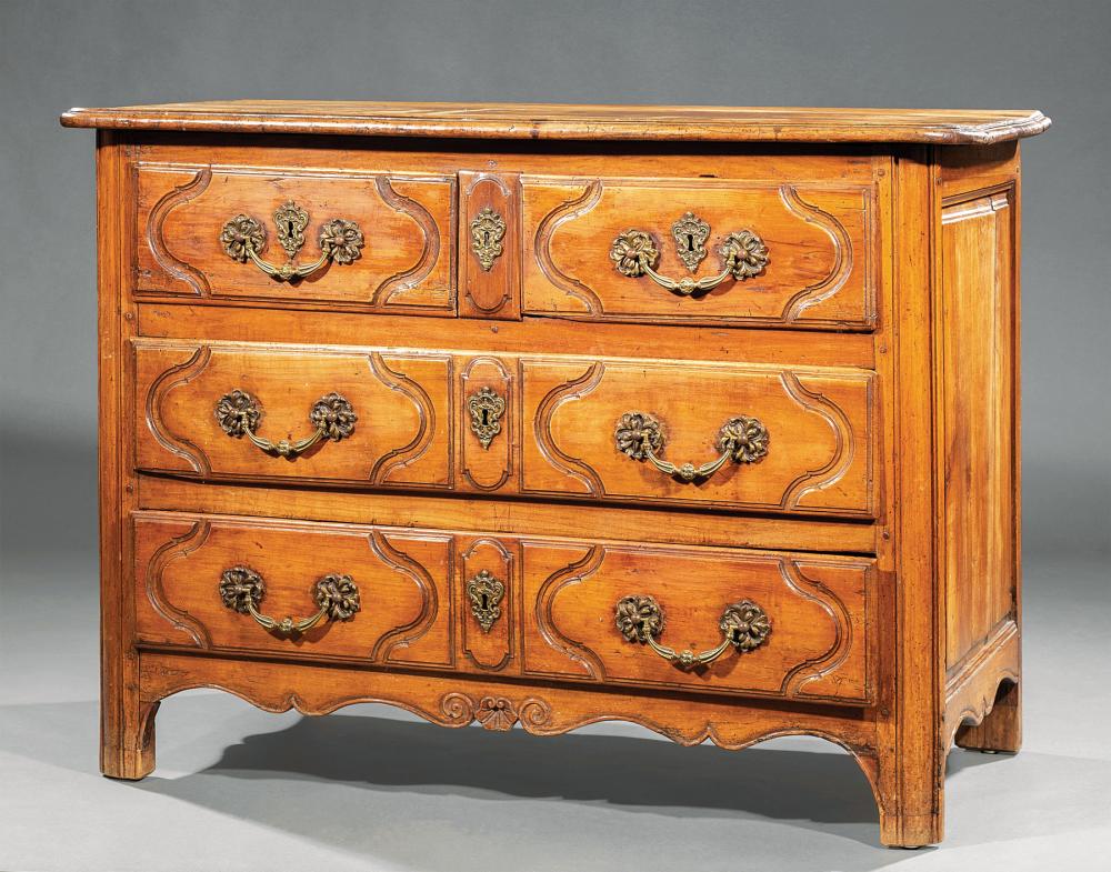 Appraisal: Antique French Provincial Carved Fruitwood Commode molded top three cartouche-paneled