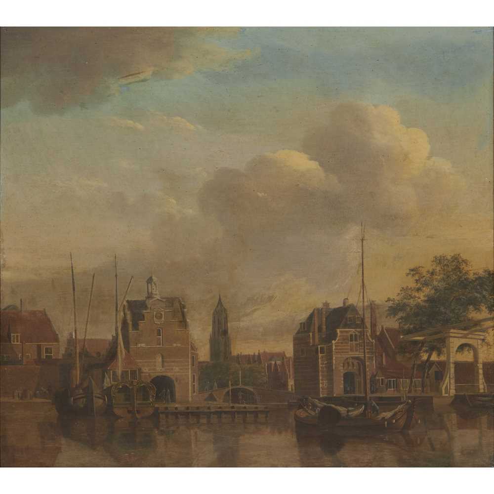 Appraisal: FOLLOWER OF ISAAC OUWATER A DUTCH CANAL SCENE Oil on