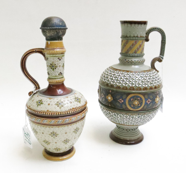 Appraisal: TWO METTLACH POTTERY VESSELS ewer with matte glaze and raised