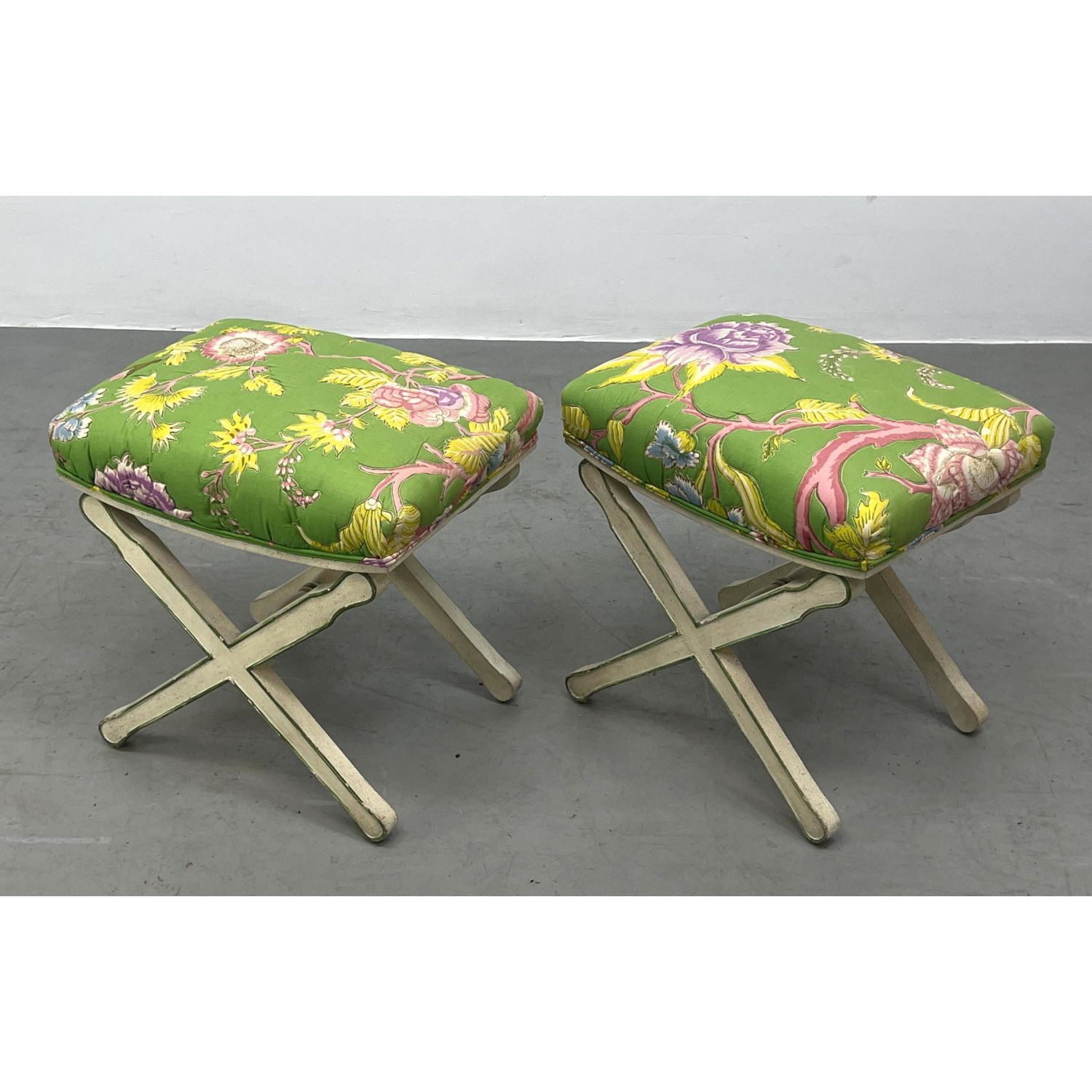 Appraisal: Pr X Form Upholstered Benches Floral Fabric Painted frames Dimensions