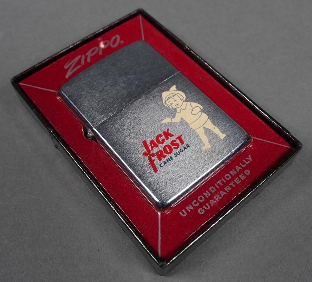 Appraisal: Vintage Zippo Jack Frost Cane Sugar advertisement lighter with box