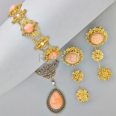 Appraisal: CORAL AND GOLD JEWELRY Victorian bloomed k gold Florentine style