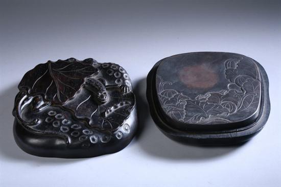 Appraisal: CHINESE INKSTONE AND WOOD BOX Foliate decoration - in long