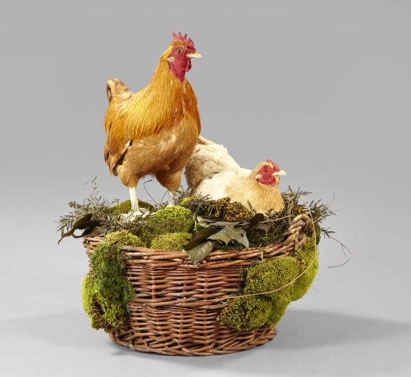 Appraisal: Large Woven Wine Basket with Chickens the basket containing moss