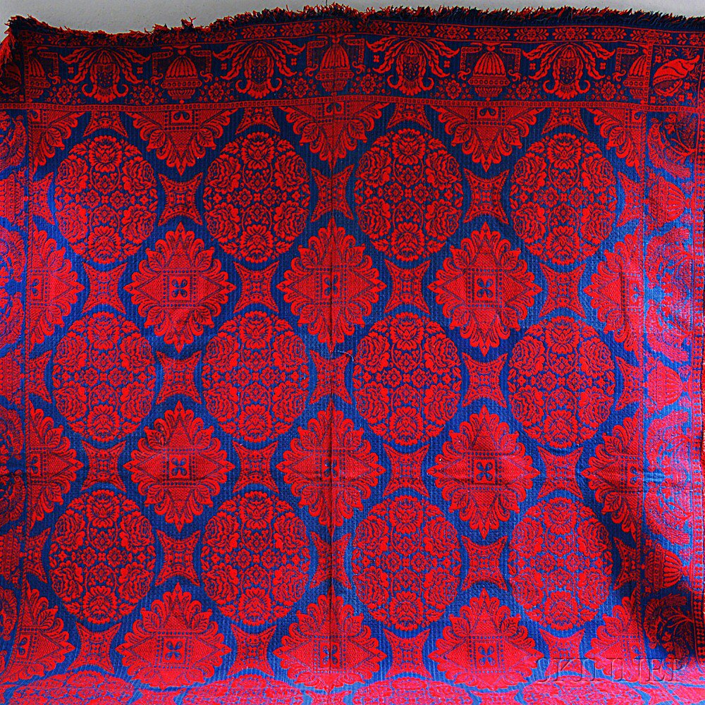 Appraisal: Red and Blue Wool Double Weave Floral Medallion Coverlet mid-