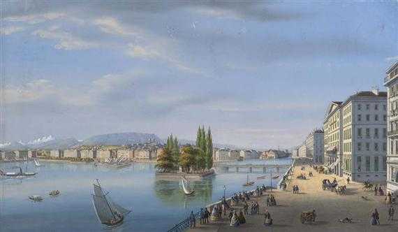 Appraisal: GENEVA -Blick von dem Quai de Bergues auf die Altstadt