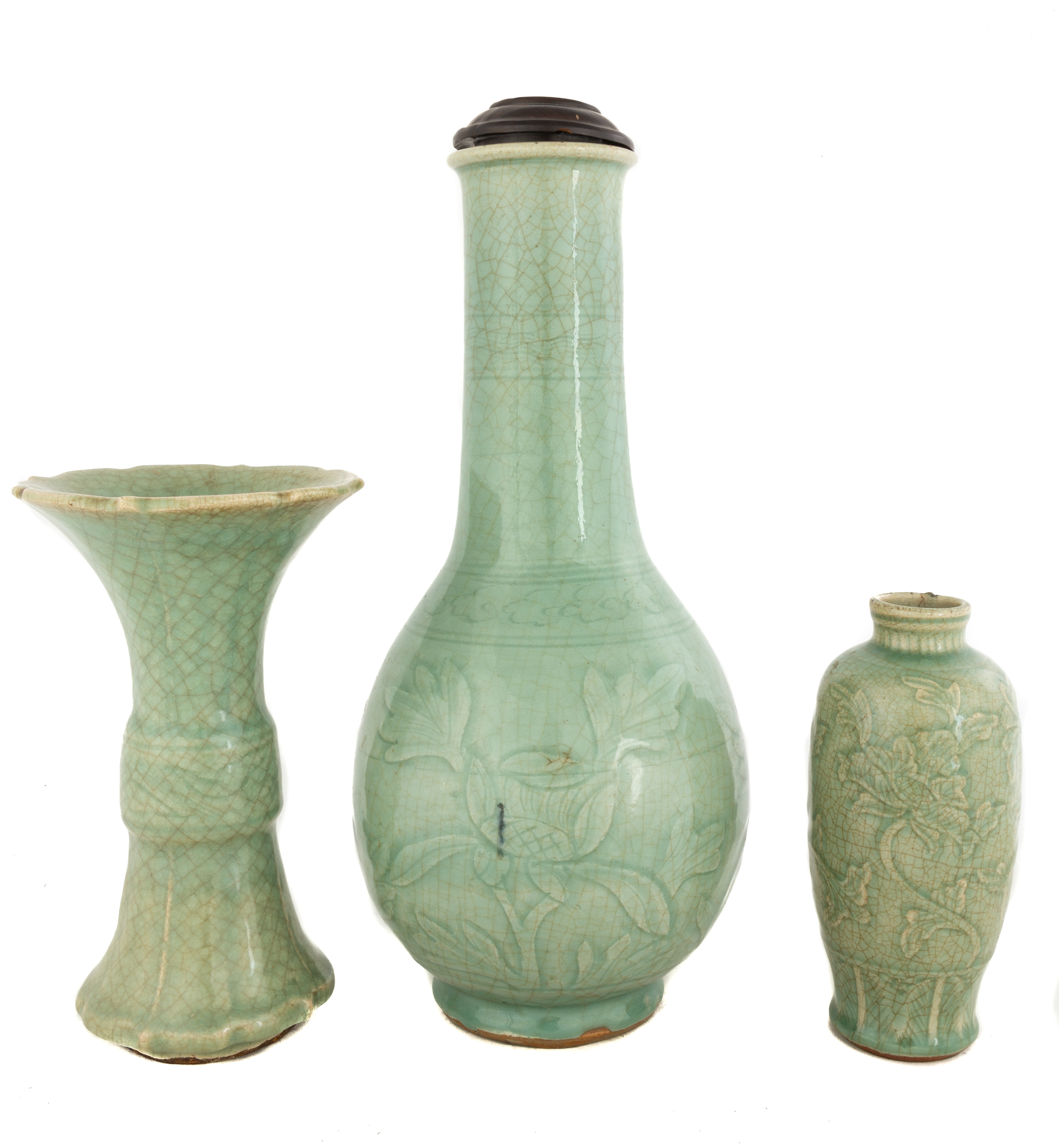 Appraisal: THREE EARLY CHINESE CELADON VASES crackle glazed with relief floral