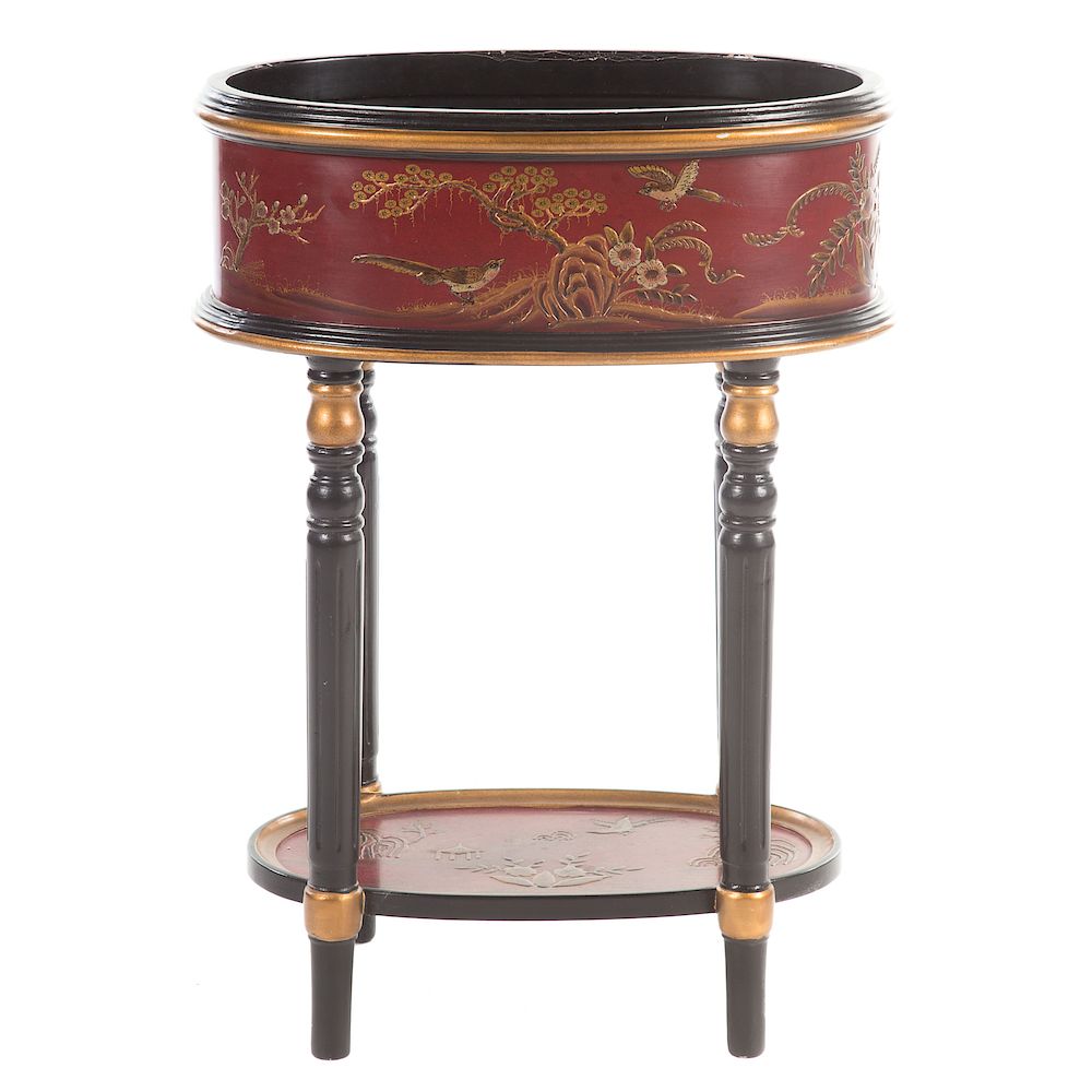 Appraisal: Chinoiserie Red Japanned Plant Stand oval plant stand with stretcher