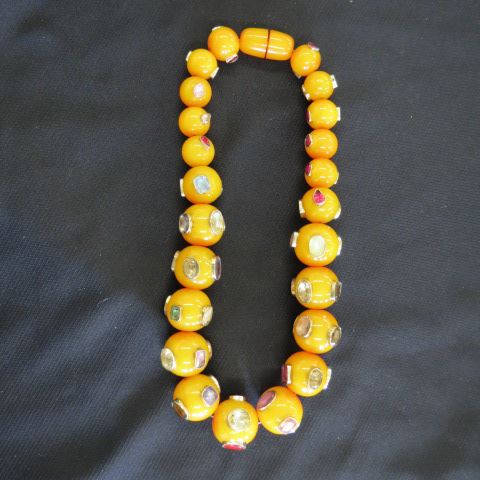 Appraisal: Gemstone Amber Bakelite Necklace graduated beads all with sterling bezel