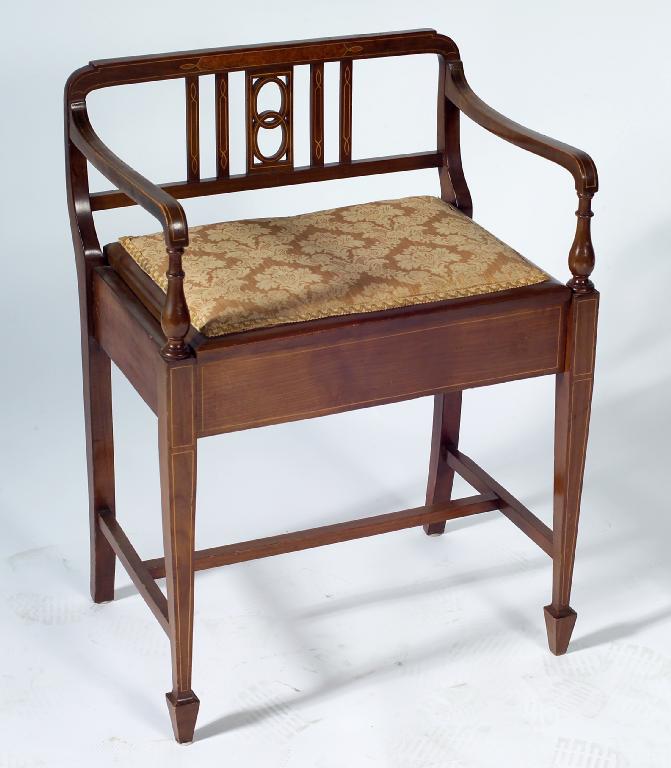 Appraisal: EDWARDIAN INLAID MAHOGANY PIANO CHAIR the string-inlaid back with pierced