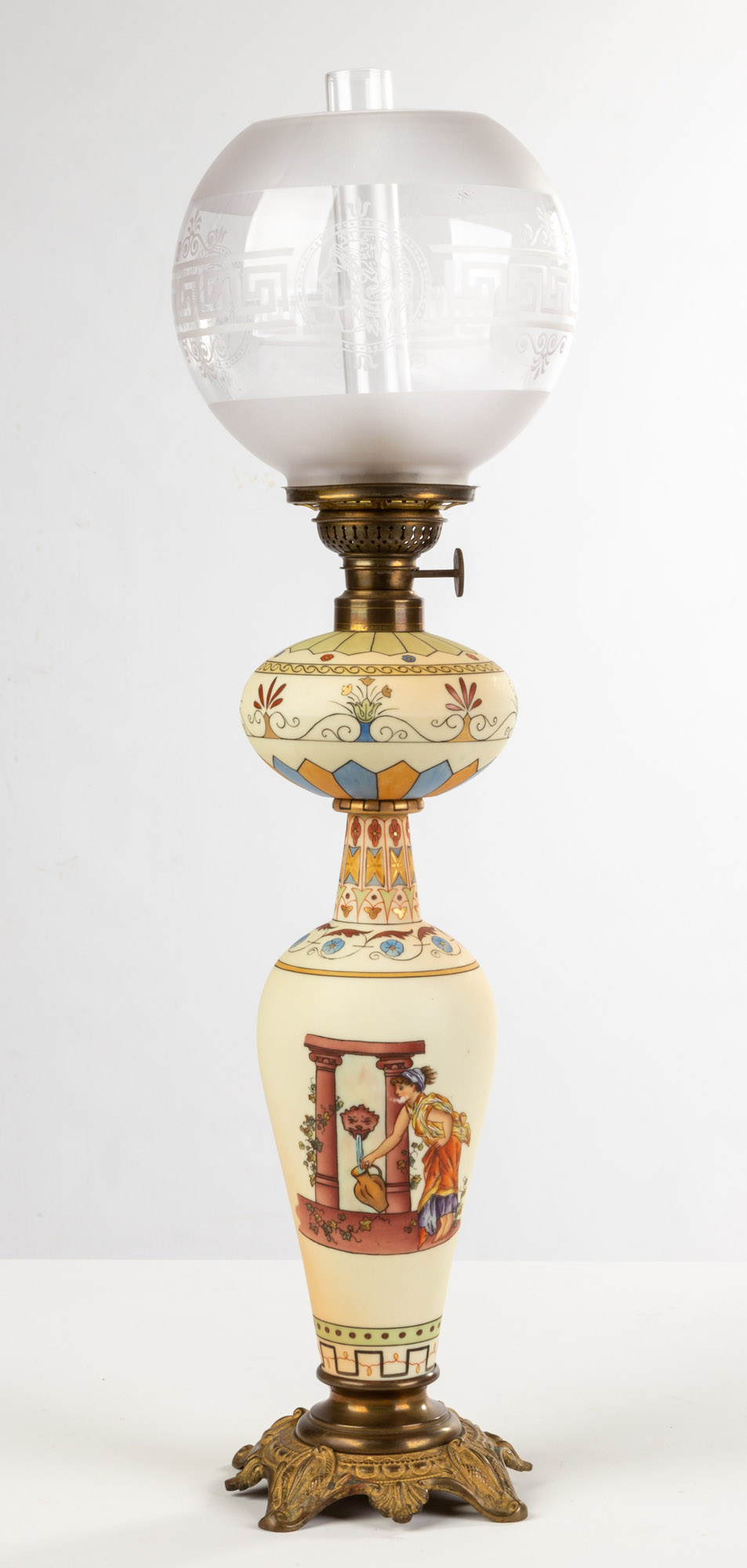 Appraisal: TH CENTURY MINIATURE BANQUET LAMP with painted Grecian scenes gilt