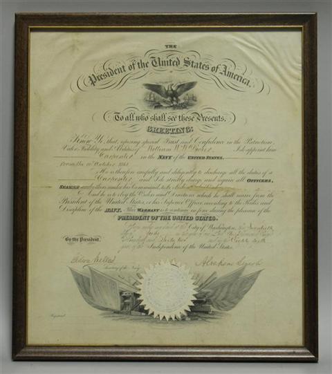 Appraisal: ABRAHAM LINCOLN SIGNED PRESIDENTIAL DOCUMENT Partially printed naval commission SIGNED