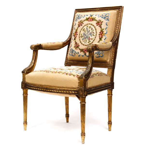 Appraisal: Louis XVI French carved giltwood framed armchair with needlepoint seat