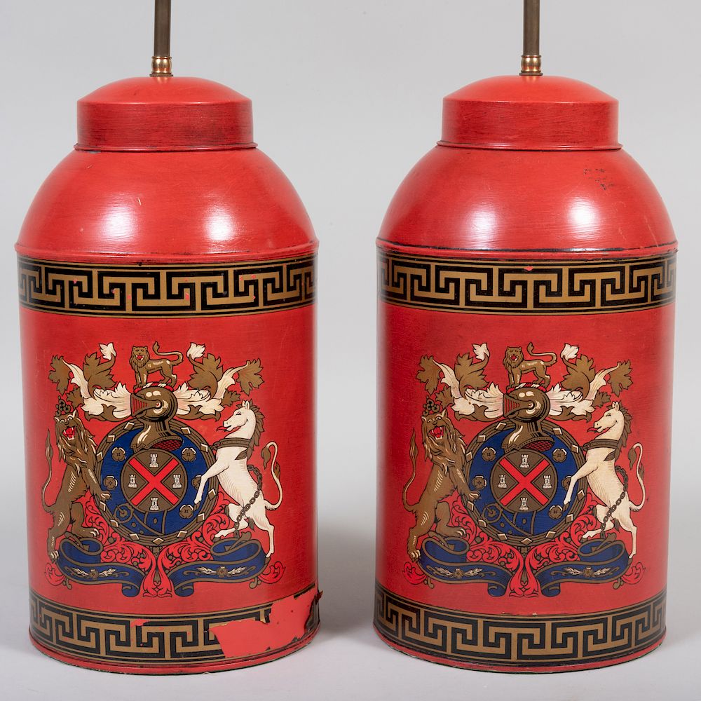 Appraisal: Pair of Red Painted Tea Canisters Mounted as Lamps x