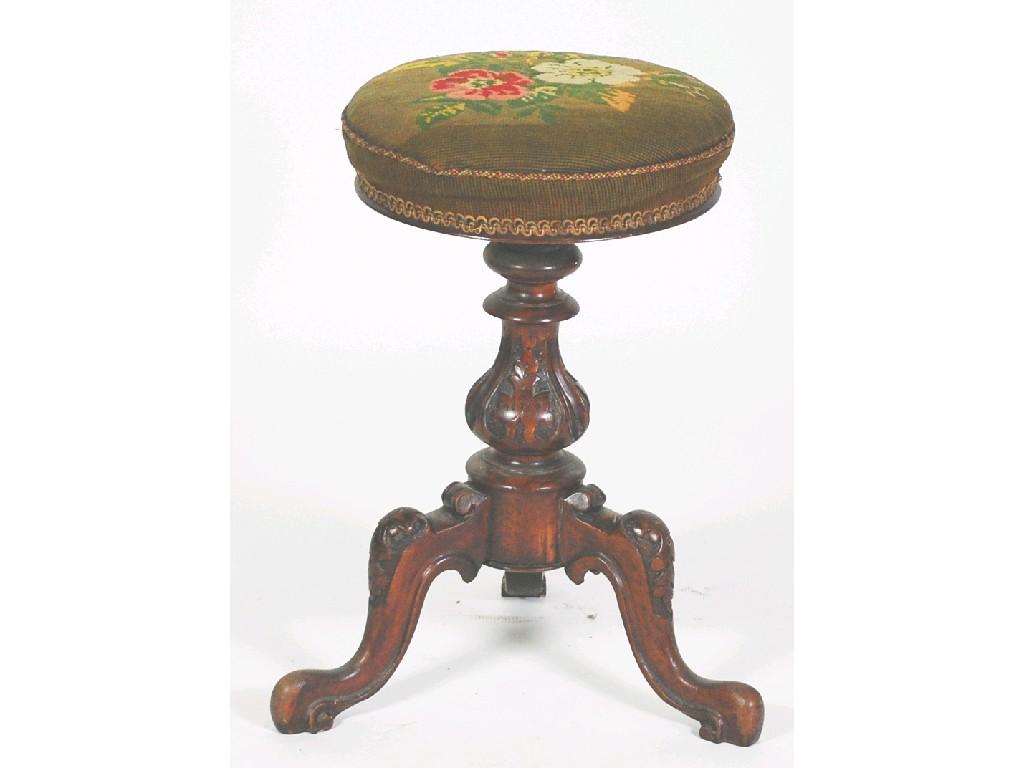 Appraisal: VICTORIAN CARVED WALNUTWOOD ADJUSTABLE TRIPOD PIANO STOOL the padded seat