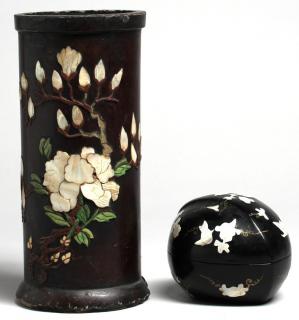 Appraisal: Chinese Black Lacquer Mother Comprising a tall brush pot inlaid