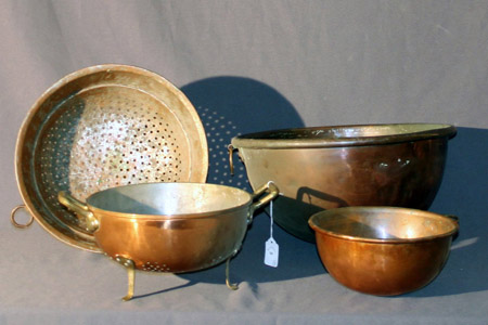 Appraisal: Two Copper Mixing Bowls and Two Colanders th Century Diameters