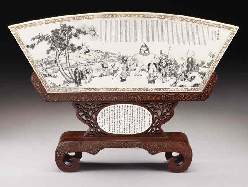 Appraisal: Chinese carved and etched polychrome ivory fan International buyers should