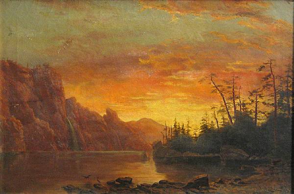 Appraisal: American School th century River sunset oil on canvas x