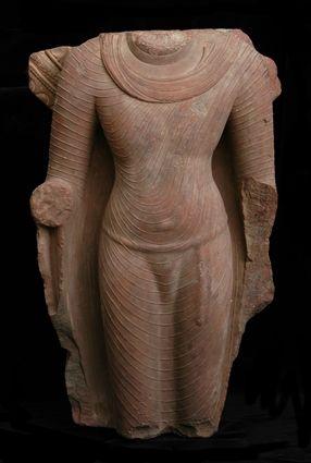 Appraisal: INDIAN SARNATH RED SANDSTONE FIGURE OF BUDDHA Standing with ringed