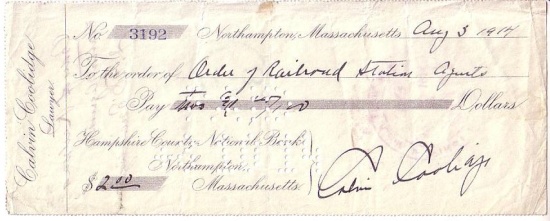 Appraisal: COOLIDGE CALVIN Partly-printed Check Accomplished and Signed to the Order