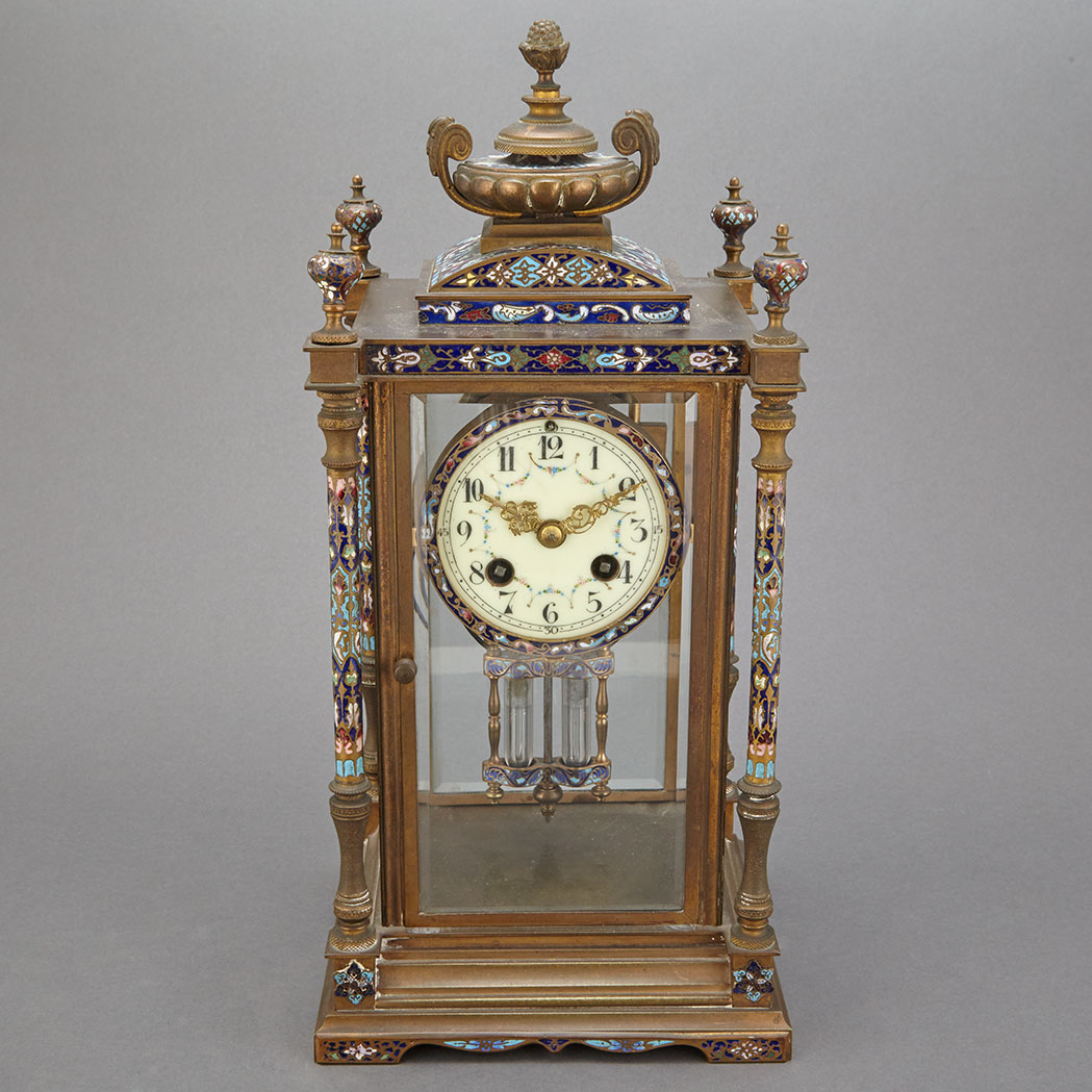 Appraisal: French Champleve Enameled Gilt-Metal Mounted Clock First quarter of the