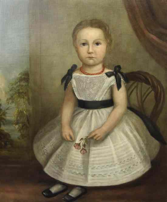 Appraisal: English Primitive School oil on canvas Portrait of young girl