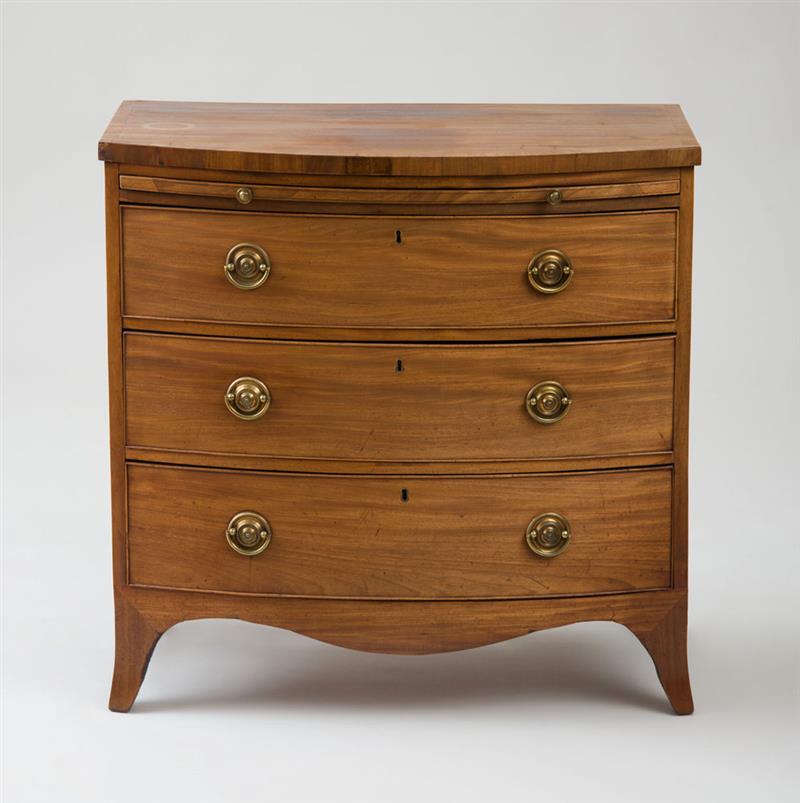 Appraisal: GEORGE III MAHOGANY BOW-FRONTED BACHELOR'S CHEST OF DRAWERS Fitted with