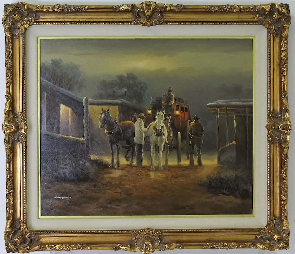 Appraisal: American Western Cowboys Horse Buggy Oil Painting th Century American