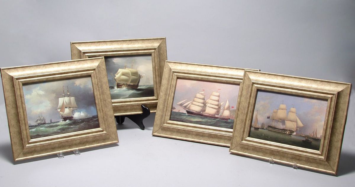 Appraisal: SET OF FOUR CANVAS TRANSFER PRINTS Depicting sailing vessels Gold-painted