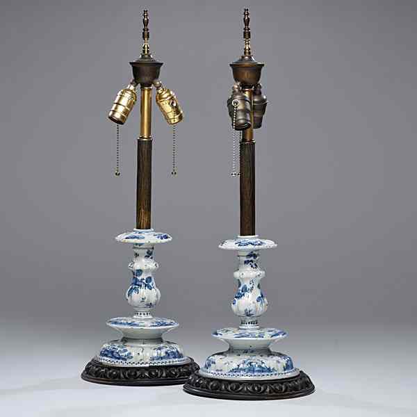 Appraisal: Delftware Candlestick Lamps Dutch th century a pair of Heemskirk-style