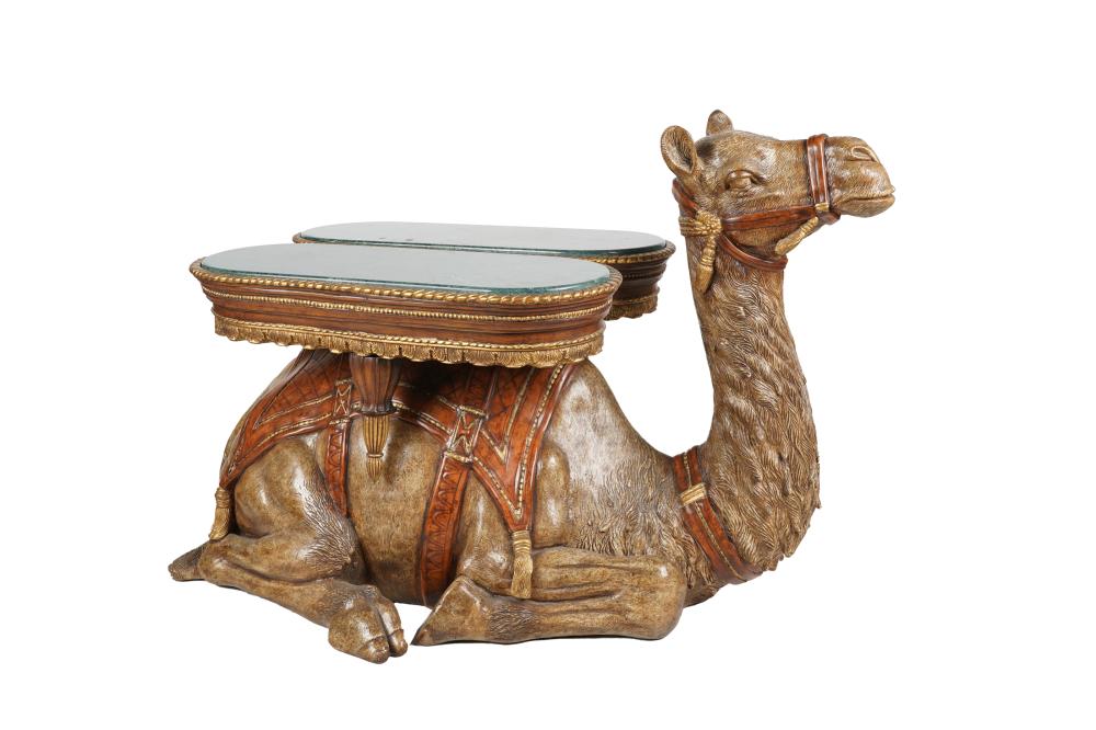 Appraisal: CAMEL FORM TABLEpainted composition with green marble insets inches wide