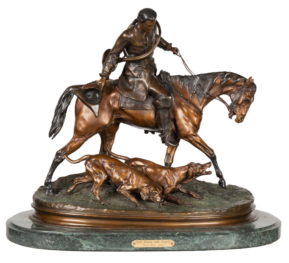 Appraisal: PIERRE-JULES MENE FRENCH - SMALL HUNTER WITH HOUNDSpatinated bronze signed