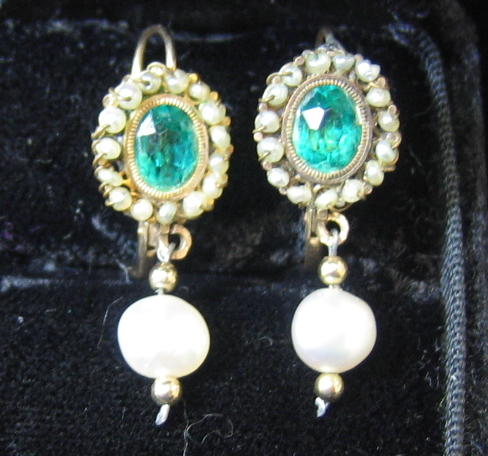 Appraisal: ANTIQUE EMERALD AND PEARL EARRINGS k yellow gold earrings each