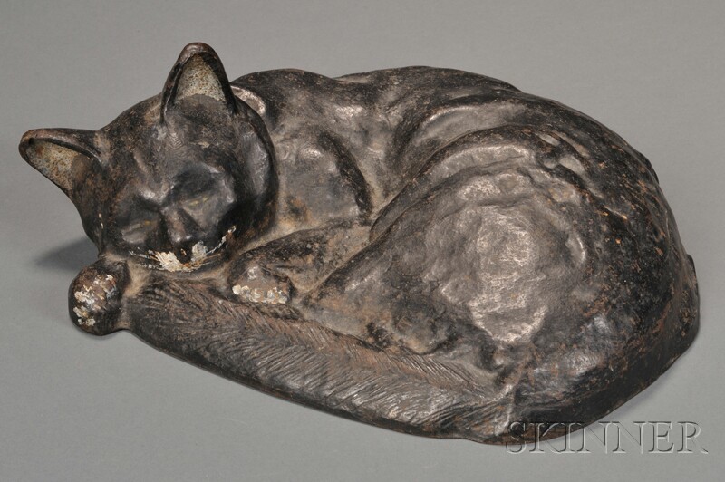 Appraisal: Painted Cast Iron Sleeping Cat Figure Doorstop America late th