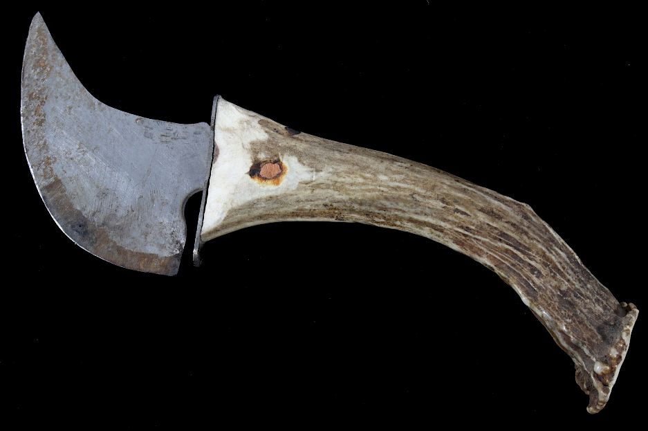 Appraisal: Rustic Curved Knife With Deer Antler Handle Offered in this