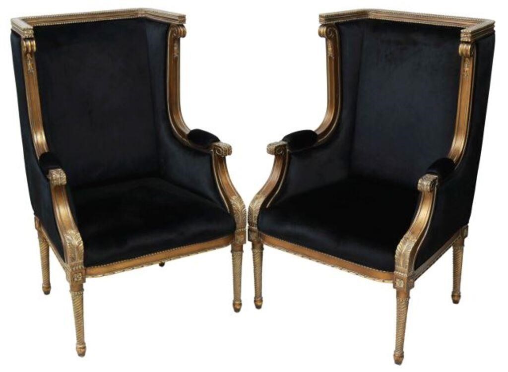 Appraisal: pair Louis XVI style armchairs st c shaped giltwood frame