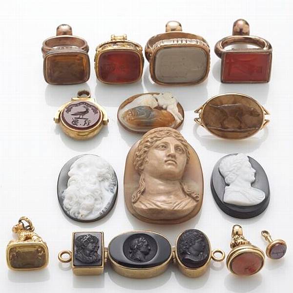 Appraisal: A collection of six carved cameos together with eight k