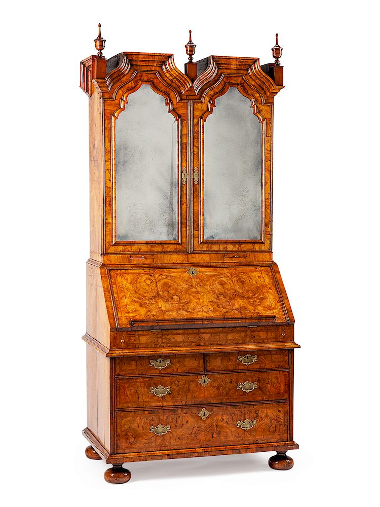 Appraisal: A Queen Anne Burl Walnut Secretary Bookcase A Queen Anne