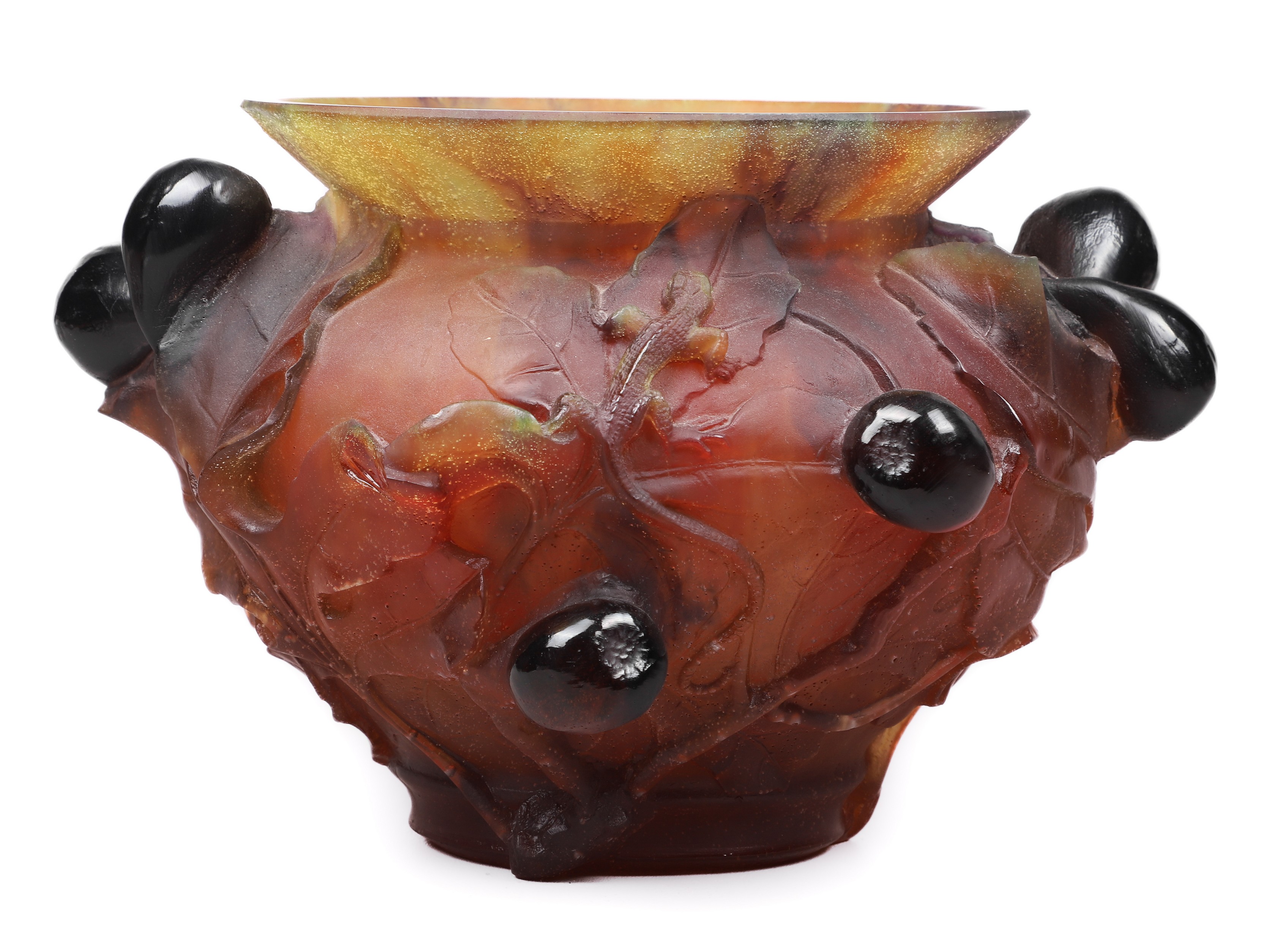 Appraisal: Daum France pate de verre fig and lizard decorated vase