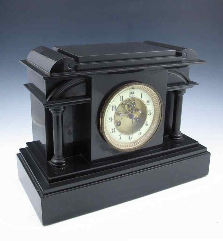 Appraisal: VICTORIAN SLATE MANTLE CLOCK WITH OPEN ESCAPEMENT Black slate architectural