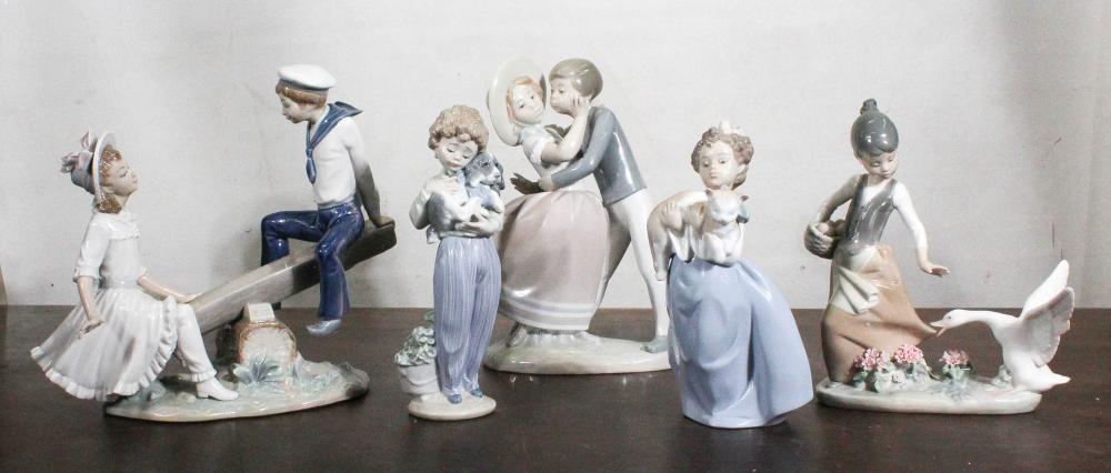 Appraisal: FIVE LLADRO PORCELAIN FIGURINES Seesaw Precious Love Aggressive Goose My