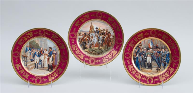 Appraisal: SET OF THREE CONTINENTAL TRANSFER-PRINTED PORCELAIN NAPOLEONIC CABINET PLATES Marked