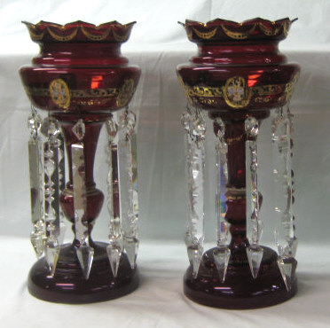 Appraisal: PAIR OF BOHEMIAN CRANBERY LUSTRES Each burgundy with crystal prisms