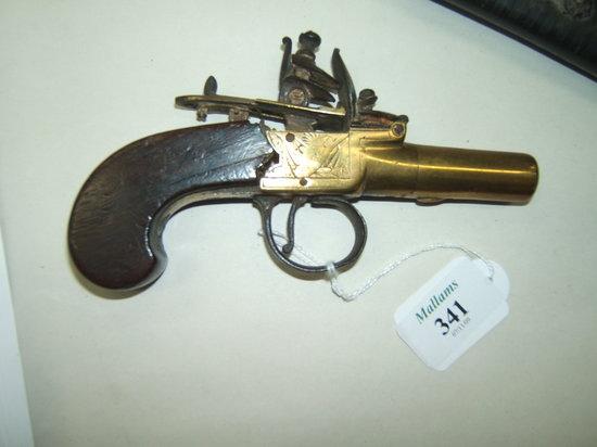 Appraisal: A SMALL ANTIQUE BRASS FLINTLOCK PISTOL BY COLE with mahogany